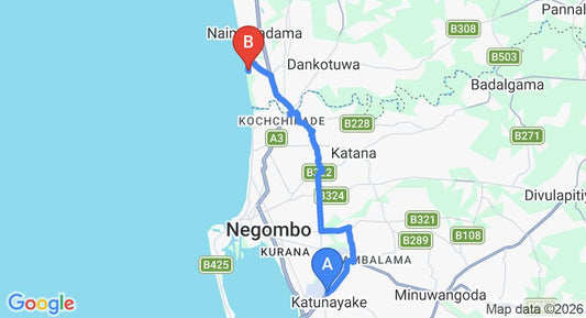 Driving route map: Colombo Airport (CMB) to Club Hotel Dolphin, Negombo (21 km, approx 43 min private transfer)