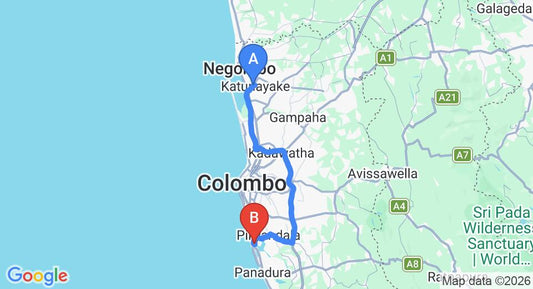 Driving route map: Colombo Airport (CMB) to Sa Mansion By Yoho, Moratuwa (69 km, approx 1 h 22 min private transfer)