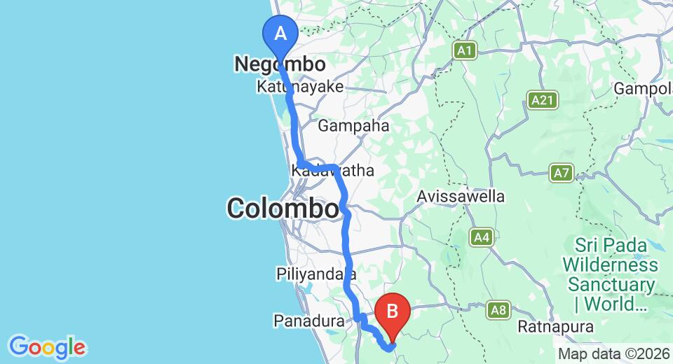 Driving route map: Negombo to Yala (80 km, approx 1 h 27 min private transfer)
