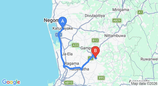 Driving route map: Colombo Airport (CMB) to Nedungamuwa (42 km, approx 53 min private transfer)