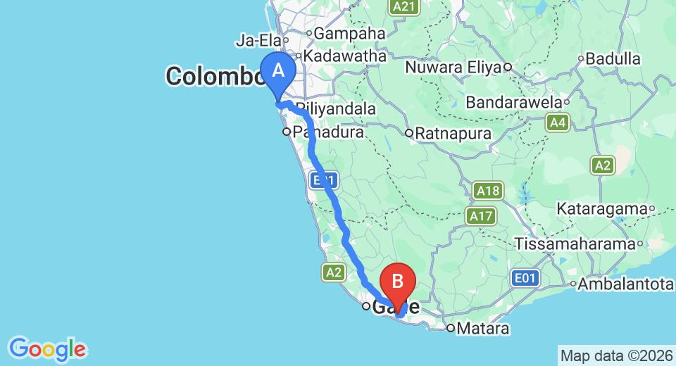 Driving route map: Ratmalana (RML) Airport to Koggala (124 km, approx 2 h 1 min private transfer)
