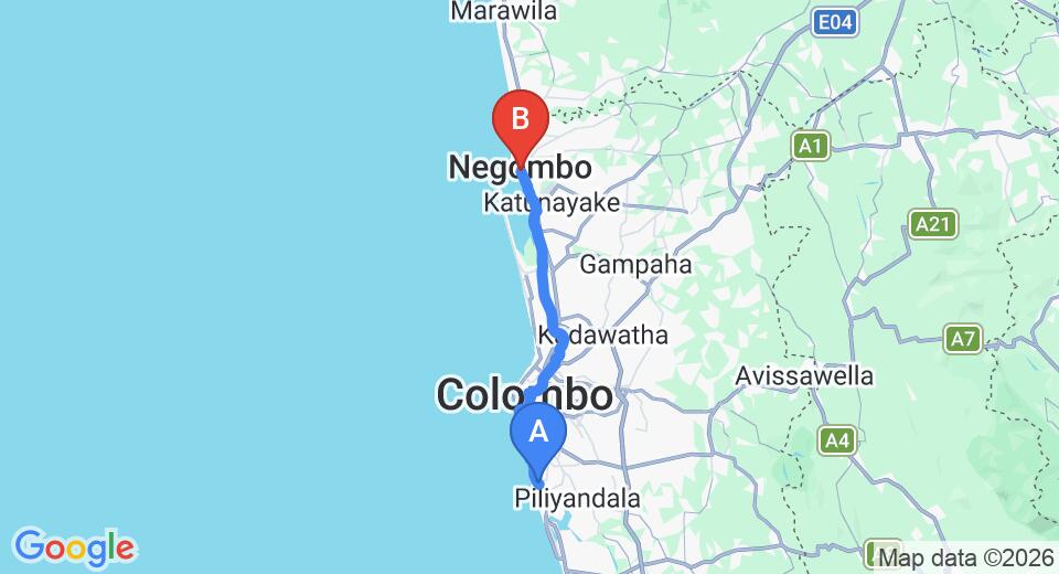 Driving route map: Ratmalana (RML) Airport to Negombo (50 km, approx 1 h 16 min private transfer)