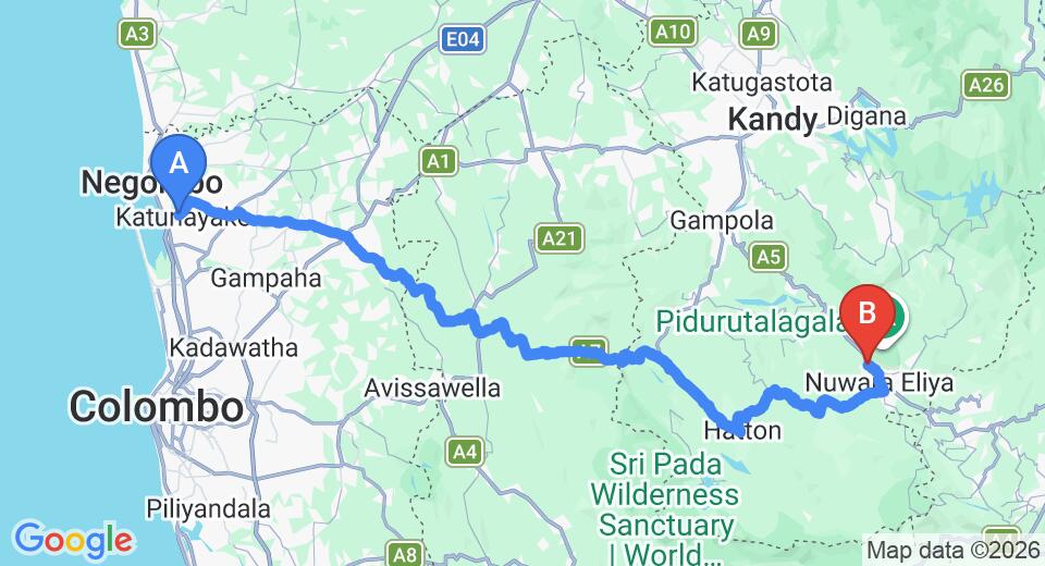 Driving route map: Colombo Airport (CMB) to Midky Hotel, Nuwara Eliya (156 km, approx 4 h 50 min private transfer)