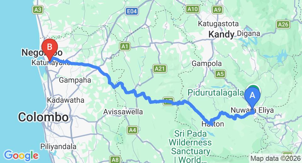 Driving route map: Nuwara Eliya to Colombo Airport (CMB) (155 km, approx 4 h 39 min private transfer)