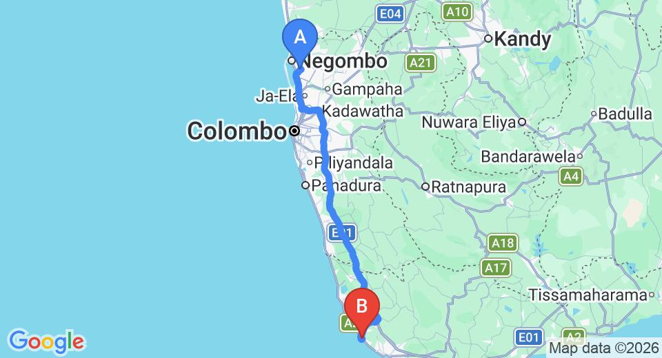 Driving route map: Colombo Airport (CMB) to Earthlinks, Dodanduwa (145 km, approx 2 h 10 min private transfer)