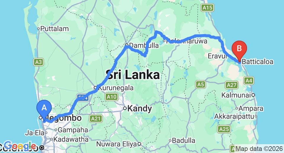 Driving route map: Colombo Airport (CMB) to Lake View Inn, Batticaloa (292 km, approx 6 h 3 min private transfer)