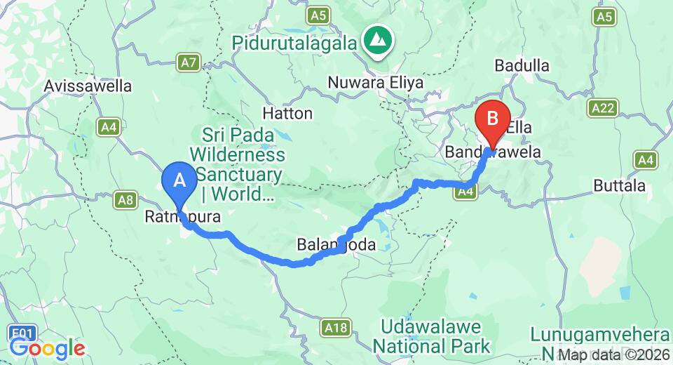 Driving route map: Ratnapura to Bandarawela (103 km, approx 2 h 55 min private transfer)