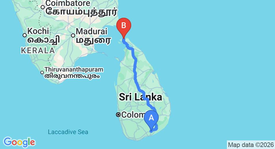 Driving route map: Mattala (HRI) Airport to Jaffna (JAF) Airport (519 km, approx 10 h 11 min private transfer)