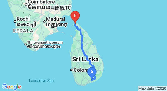 Driving route map: Mattala (HRI) Airport to Jaffna (JAF) Airport (519 km, approx 10 h 11 min private transfer)