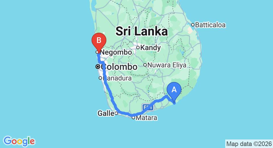 Driving route map: Kirinda to Colombo Airport (CMB) (286 km, approx 3 h 54 min private transfer)