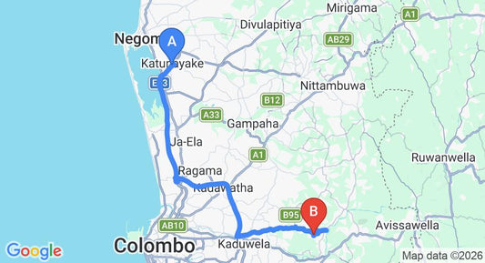 Driving route map: Colombo Airport (CMB) to Dompe (54 km, approx 1 h 11 min private transfer)