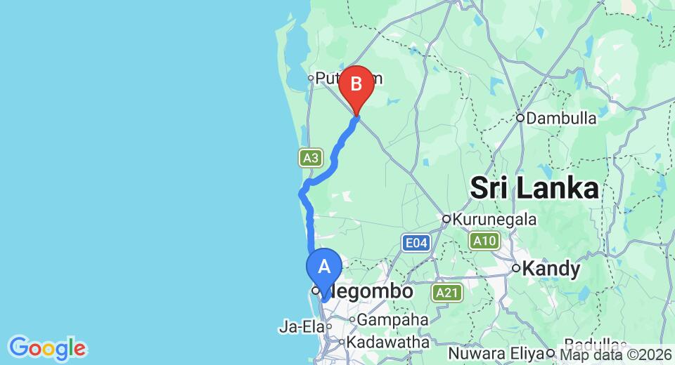Driving route map: Colombo Airport (CMB) to Anamaduwa (98 km, approx 2 h 24 min private transfer)