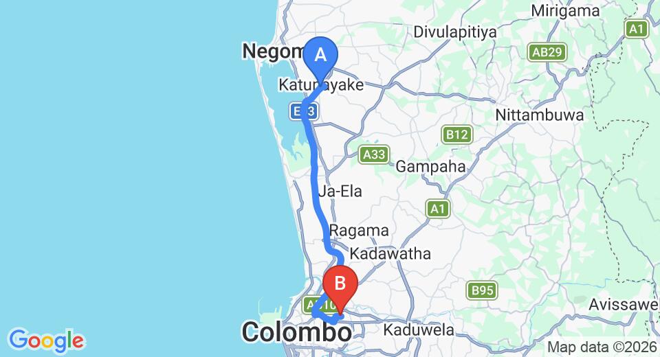 Driving route map: Colombo Airport (CMB) to Amanda Creations, Wellampitiya (33 km, approx 40 min private transfer)