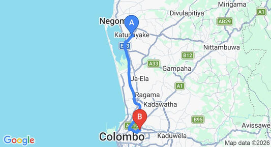Driving route map: Colombo Airport (CMB) to Wellampitiya (33 km, approx 40 min private transfer)