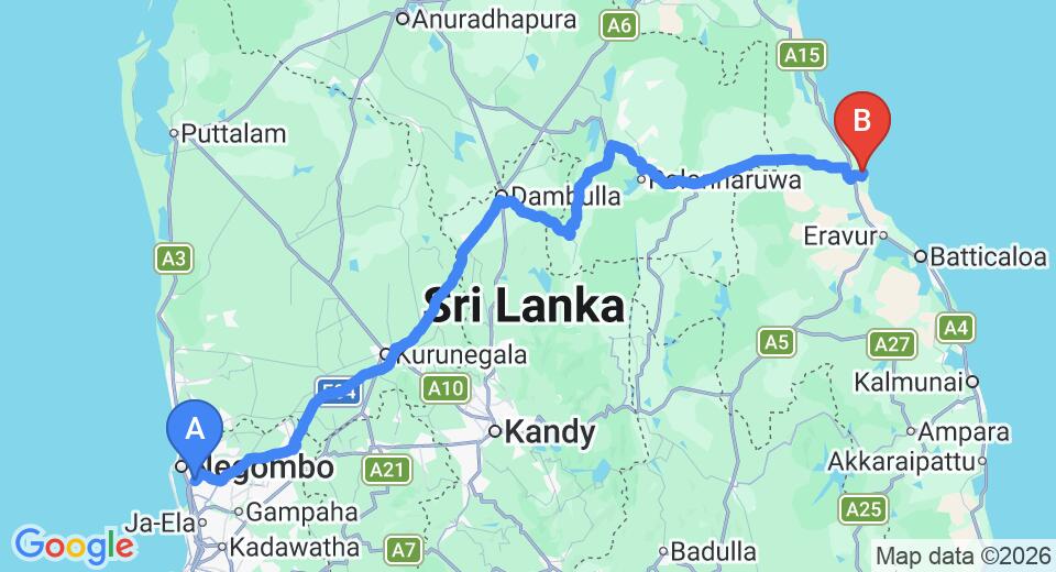 Driving route map: Colombo Airport (CMB) to Anantaya Pasekudah, Pasikuda (265 km, approx 5 h 27 min private transfer)