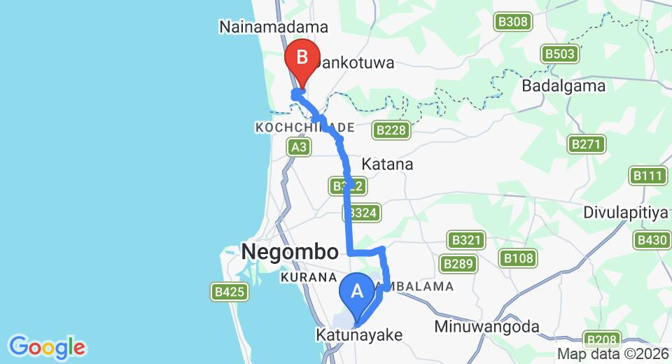 Driving route map: Colombo Airport (CMB) to Villa Rudi, Waikkal (18 km, approx 40 min private transfer)