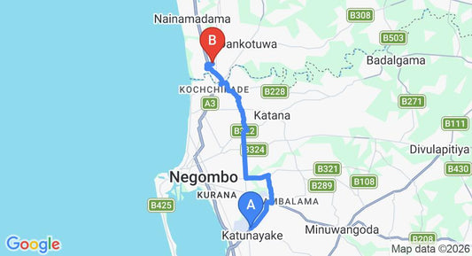 Driving route map: Colombo Airport (CMB) to Waikkal (18 km, approx 40 min private transfer)