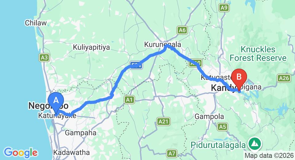 Driving route map: Colombo Airport (CMB) to Winter Villa, Kandy (123 km, approx 3 h 10 min private transfer)