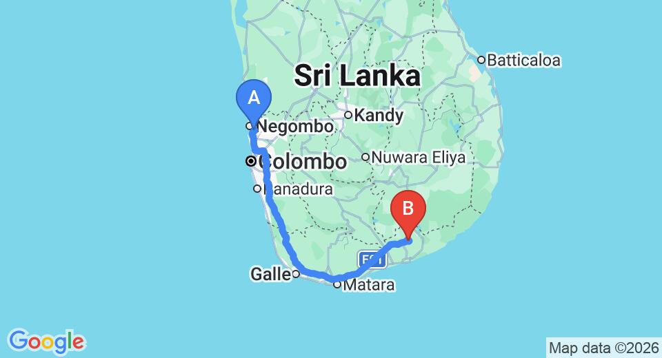 Driving route map: Colombo Airport (CMB) to Bestlife Eco Resort, Hambantota (255 km, approx 3 h 16 min private transfer)