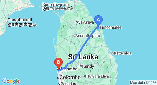 Driving route map: Trincomalee to Colombo Airport (CMB) (235 km, approx 4 h 45 min private transfer)
