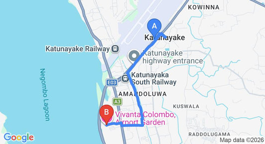 Driving route map: Colombo Airport (CMB) to Vivanta Colombo, Airport Garden, Negombo (6 km, approx 16 min private transfer)