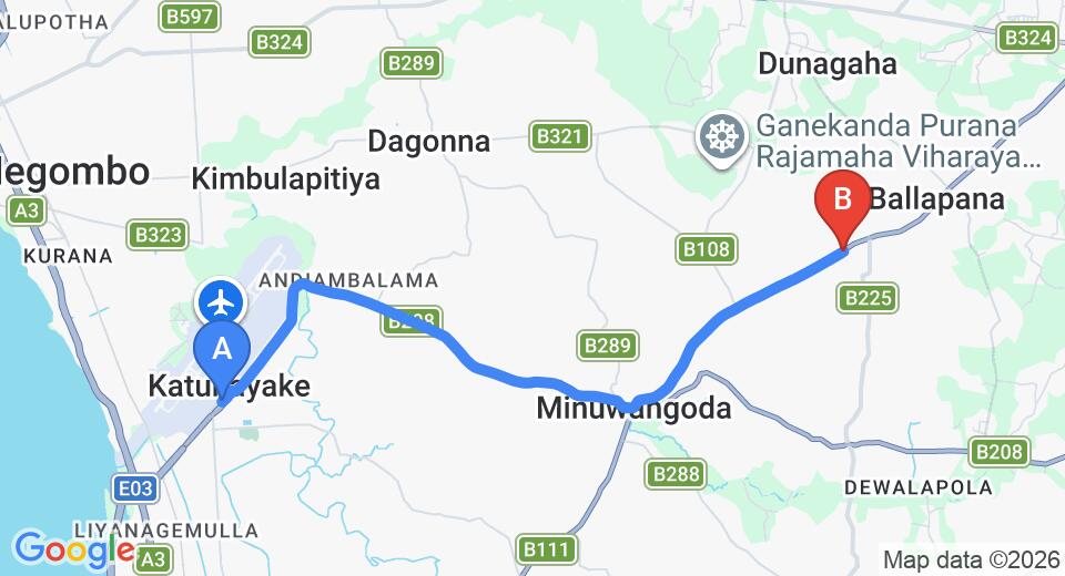 Driving route map: Colombo Airport (CMB) to Horampella (13 km, approx 28 min private transfer)