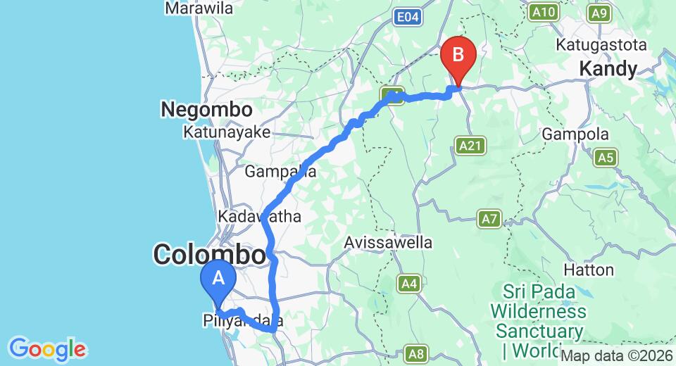 Driving route map: Ratmalana (RML) Airport to Kegalle (101 km, approx 2 h 30 min private transfer)