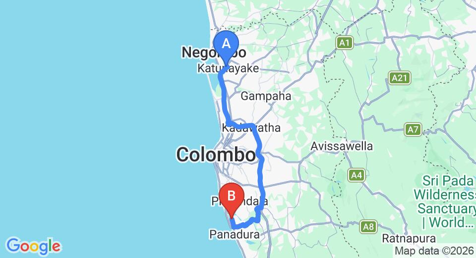 Driving route map: Colombo Airport (CMB) to Hotel Bolgoda Park, Moratuwa (72 km, approx 1 h 25 min private transfer)