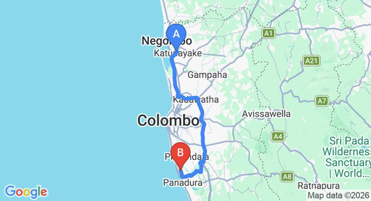 Driving route map: Colombo Airport (CMB) to Hotel Bolgoda Park, Moratuwa (72 km, approx 1 h 25 min private transfer)