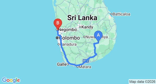 Driving route map: Buttala to Colombo Airport (CMB) (323 km, approx 4 h 28 min private transfer)
