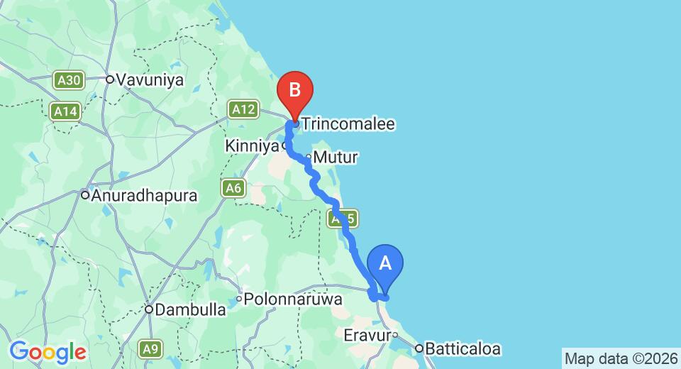 Driving route map: Pasikuda to Trincomalee (109 km, approx 2 h 13 min private transfer)