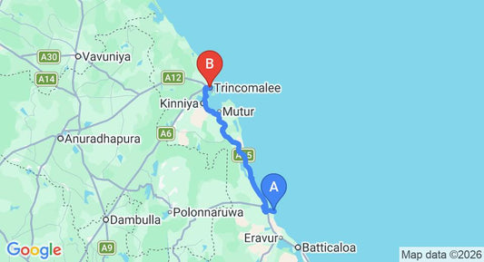 Driving route map: Pasikuda to Trincomalee (109 km, approx 2 h 13 min private transfer)