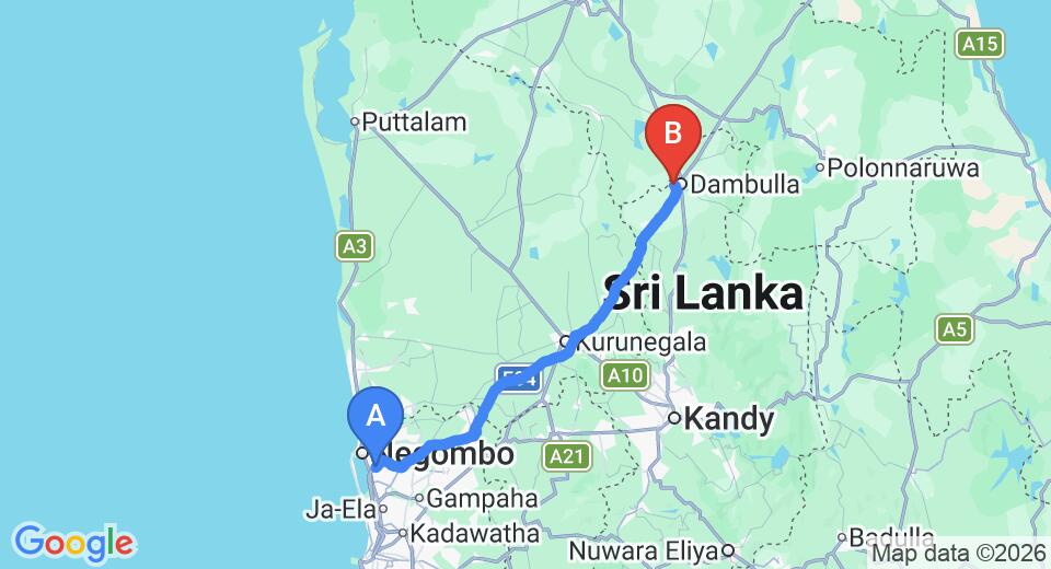 Driving route map: Colombo Airport (CMB) to Pleasure Island Boat Service, Dambulla (129 km, approx 2 h 46 min private transfer)