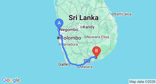 Driving route map: Colombo Airport (CMB) to Bandagiri Village Eco Resort, Hambantota (261 km, approx 3 h 23 min private transfer)