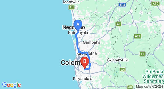 Driving route map: Colombo Airport (CMB) to Thalawathugoda (49 km, approx 54 min private transfer)