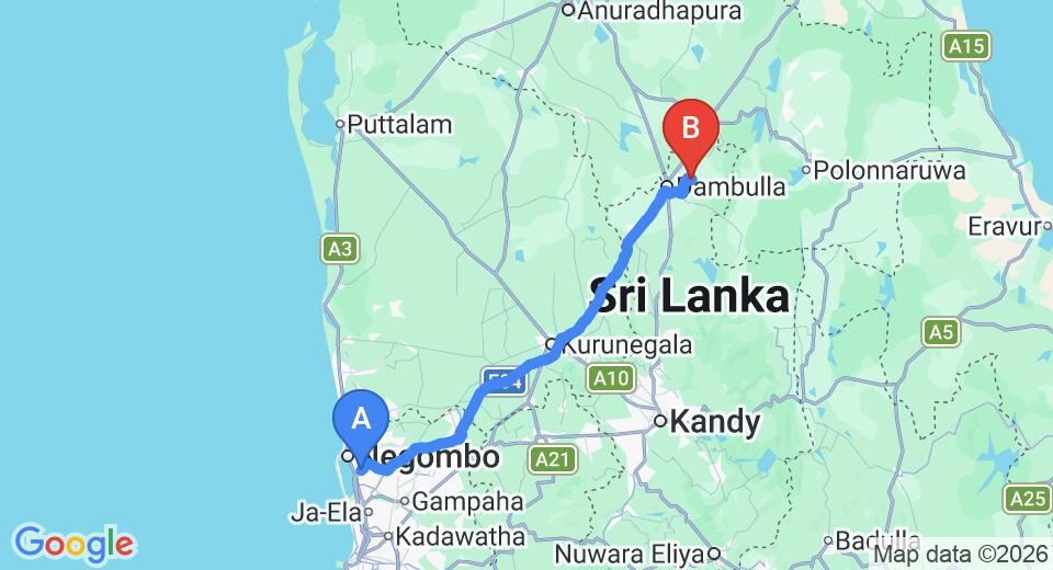 Driving route map: Colombo Airport (CMB) to Kandalama (140 km, approx 3 h 5 min private transfer)