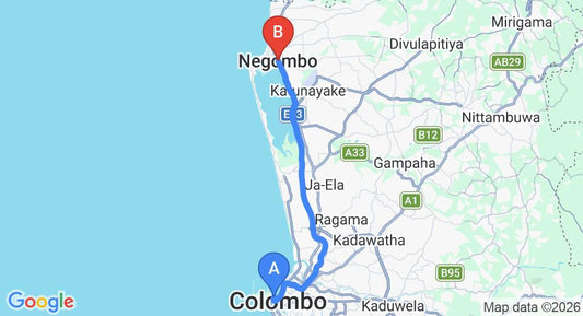 Driving route map: Colombo Seaport to Negombo (37 km, approx 43 min private transfer)