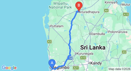 Driving route map: Colombo Airport (CMB) to Villu Villa, Anuradhapura (177 km, approx 3 h 51 min private transfer)