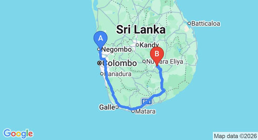 Driving route map: Colombo Airport (CMB) to LIly Villa, Ella (339 km, approx 5 h 8 min private transfer)