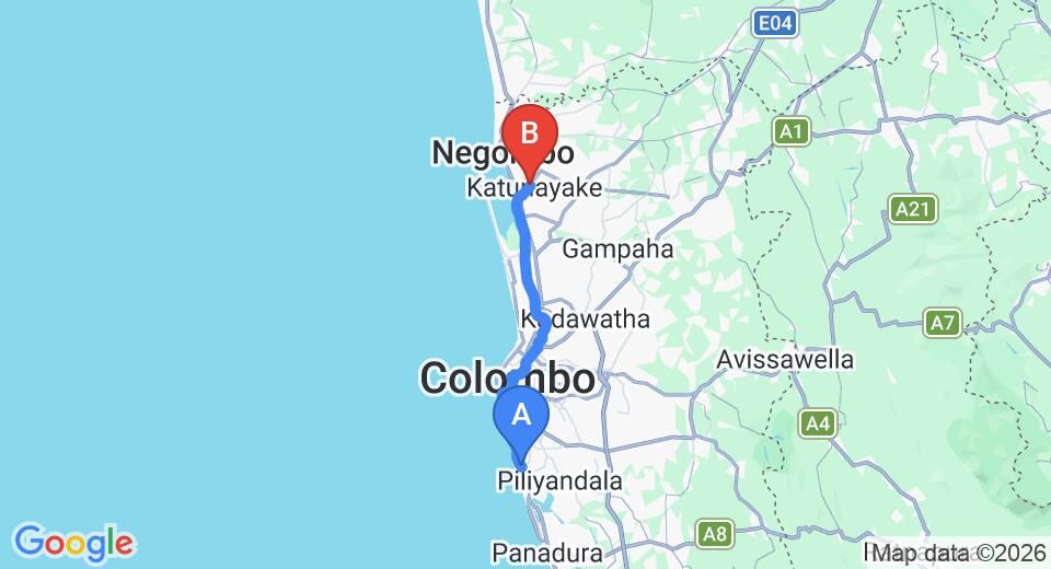 Driving route map: Ratmalana (RML) Airport to Colombo Airport (CMB) (46 km, approx 1 h 7 min private transfer)