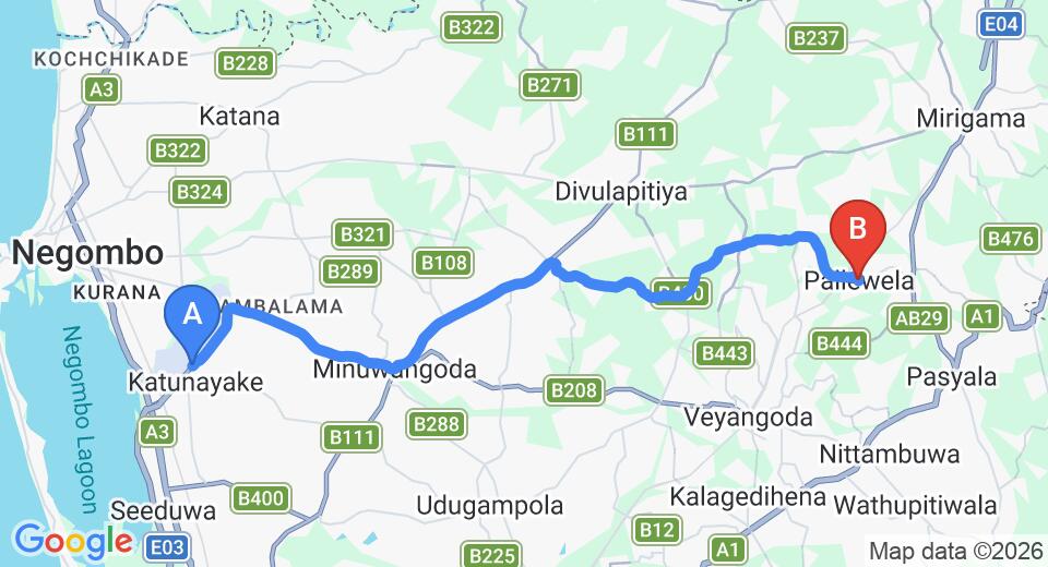 Driving route map: Colombo Airport (CMB) to Pallewela (29 km, approx 53 min private transfer)