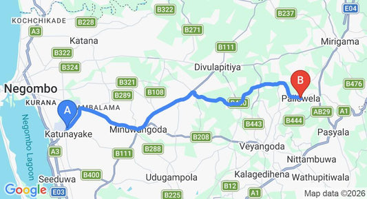 Driving route map: Colombo Airport (CMB) to Pallewela (29 km, approx 53 min private transfer)