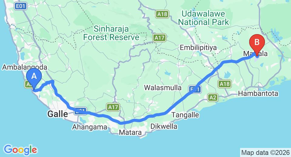 Driving route map: Hikkaduwa to Mattala (HRI) Airport (138 km, approx 1 h 52 min private transfer)