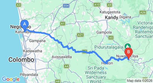 Driving route map: Colombo Airport (CMB) to Sun Lanka Bungalow, Nuwara Eliya (154 km, approx 4 h 46 min private transfer)