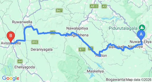 Driving route map: Nuwara Eliya to Avissawella (108 km, approx 3 h 19 min private transfer)