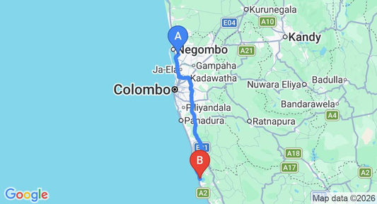 Driving route map: Colombo Airport (CMB) to La Maison Nil Manel, Ahungalla (122 km, approx 2 h 0 min private transfer)