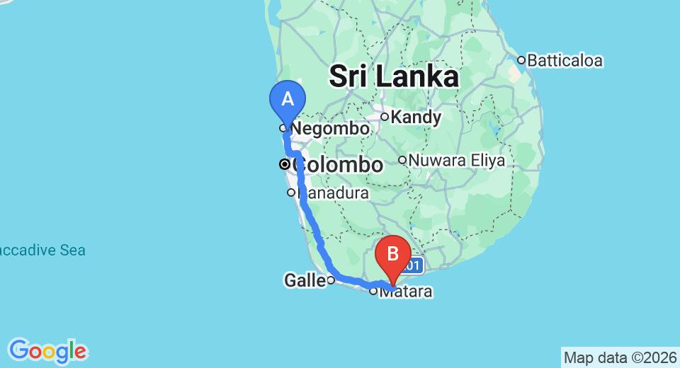 Driving route map: Colombo Airport (CMB) to Dikwella (200 km, approx 2 h 51 min private transfer)