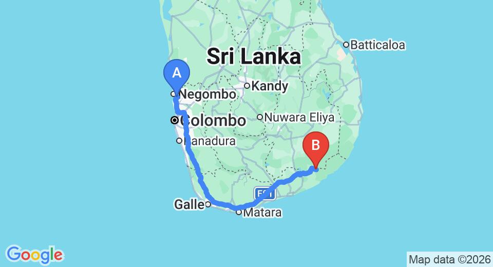 Driving route map: Colombo Airport (CMB) to Ran Hewana Holiday Resort, Kataragama (290 km, approx 3 h 53 min private transfer)