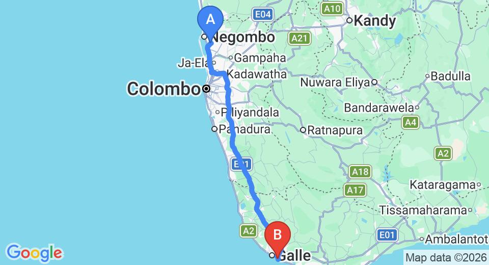 Driving route map: Colombo Airport (CMB) to The Lodge Unawatuna, Unawatuna (152 km, approx 2 h 7 min private transfer)