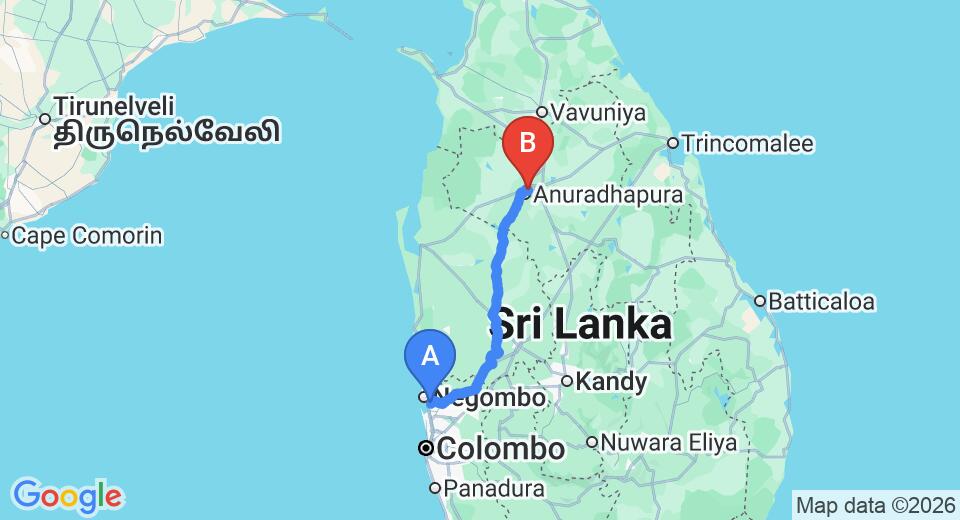 Driving route map: Colombo Airport (CMB) to Hotel Randiya, Anuradhapura (176 km, approx 3 h 49 min private transfer)